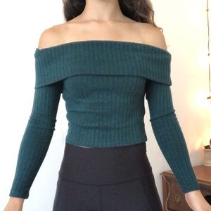 Green off shoulder knit sweater